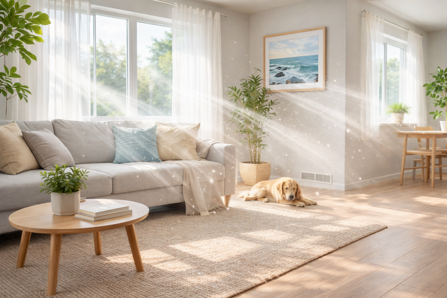 Bright living room with sunlight and visible airflow illustrating the benefits of the best whole house air purifier for improving indoor air quality.