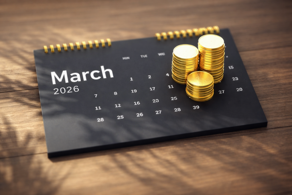 Calendar displaying March 2026 with stacked gold coins representing Market analysis March 2026 and blue-chip stock valuation review.
