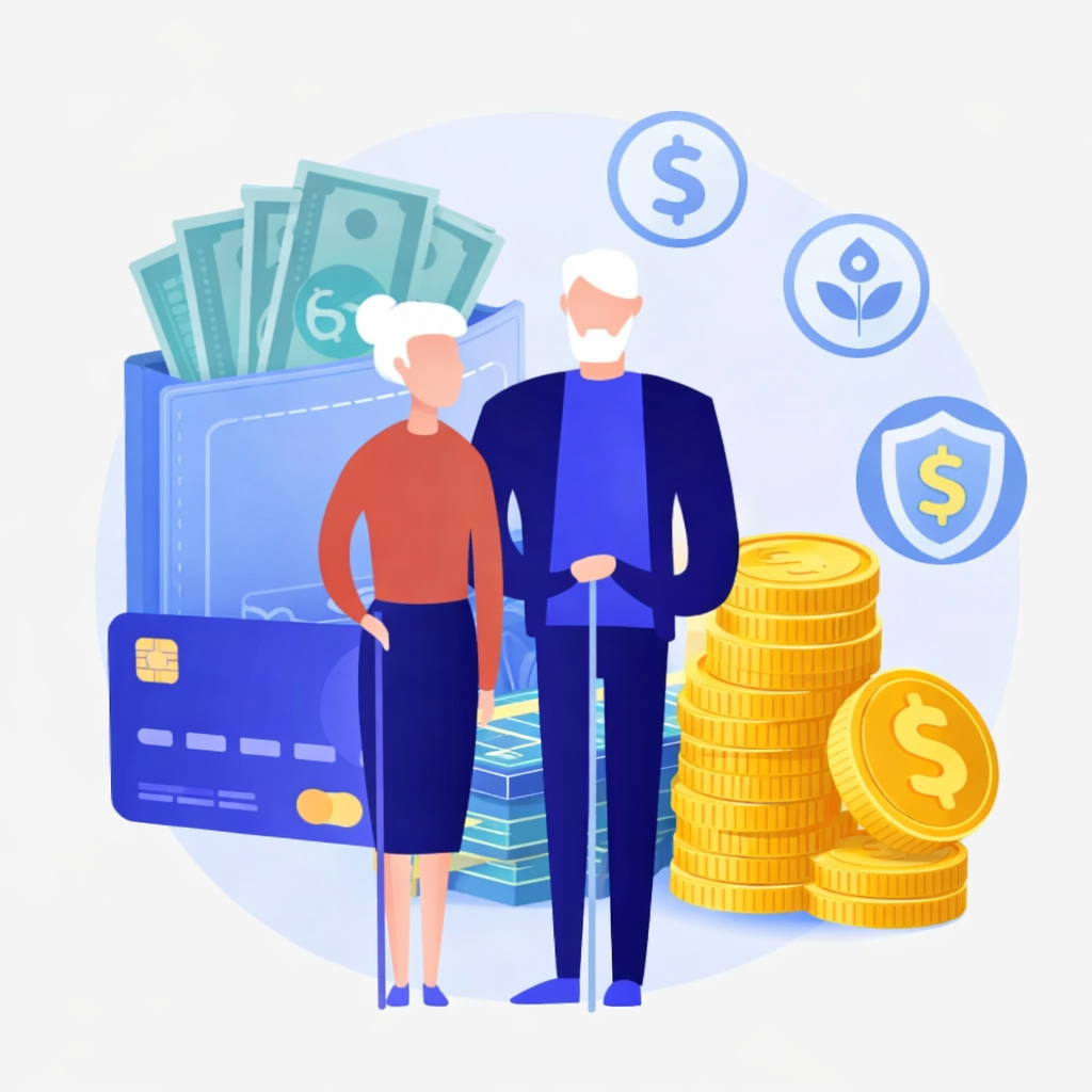 Illustration of an elderly couple standing beside a wallet filled with cash, stacked gold coins, and financial icons representing insurance, savings, and senior financial products.