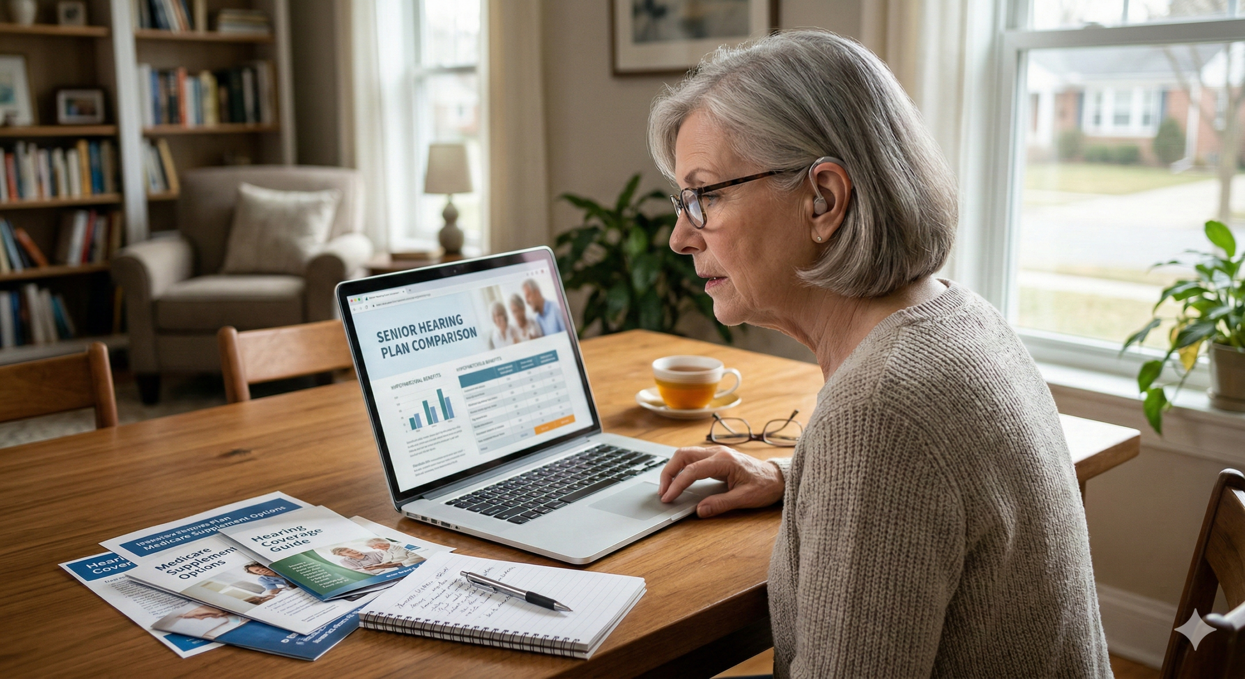 Senior comparing hearing insurance plans and hearing aid coverage online