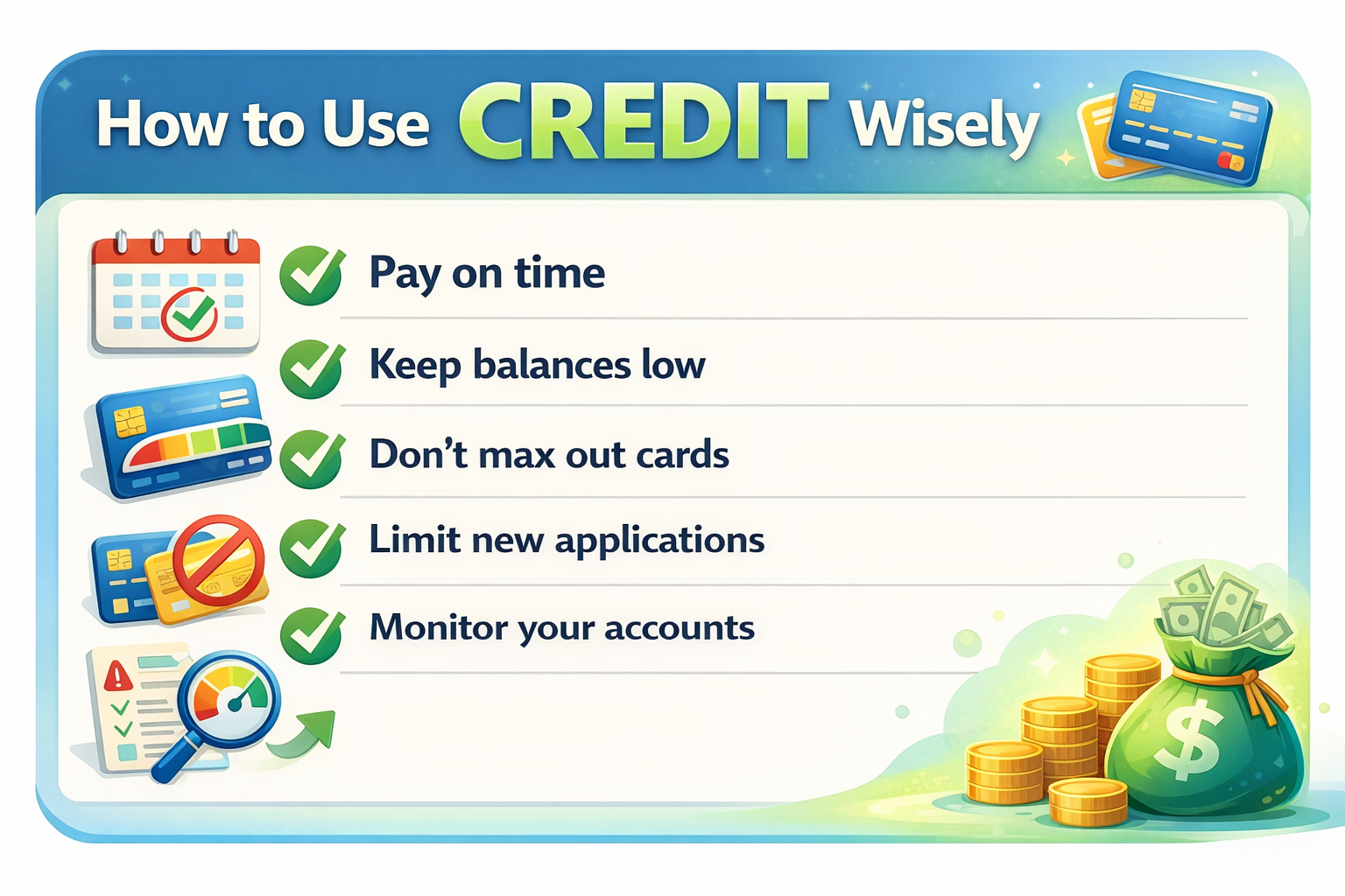 how to use credit wisely infographic showing tips like paying on time, keeping balances low, and limiting new applications