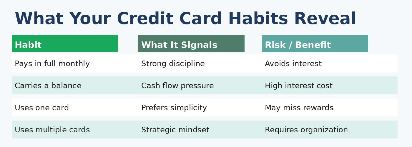 Infographic showing what your credit card says about you based on habits like paying in full, carrying a balance, or using multiple cards