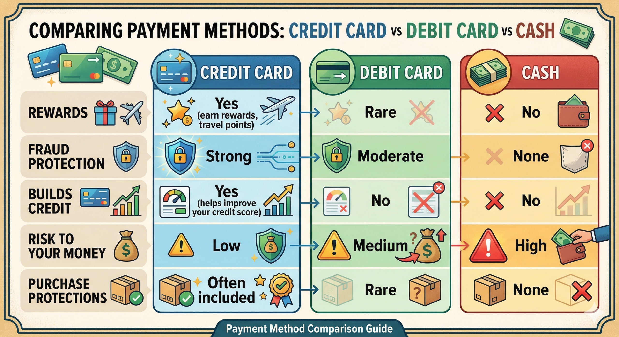 Credit card vs debit card vs cash infographic comparing rewards, protection, and credit building benefits