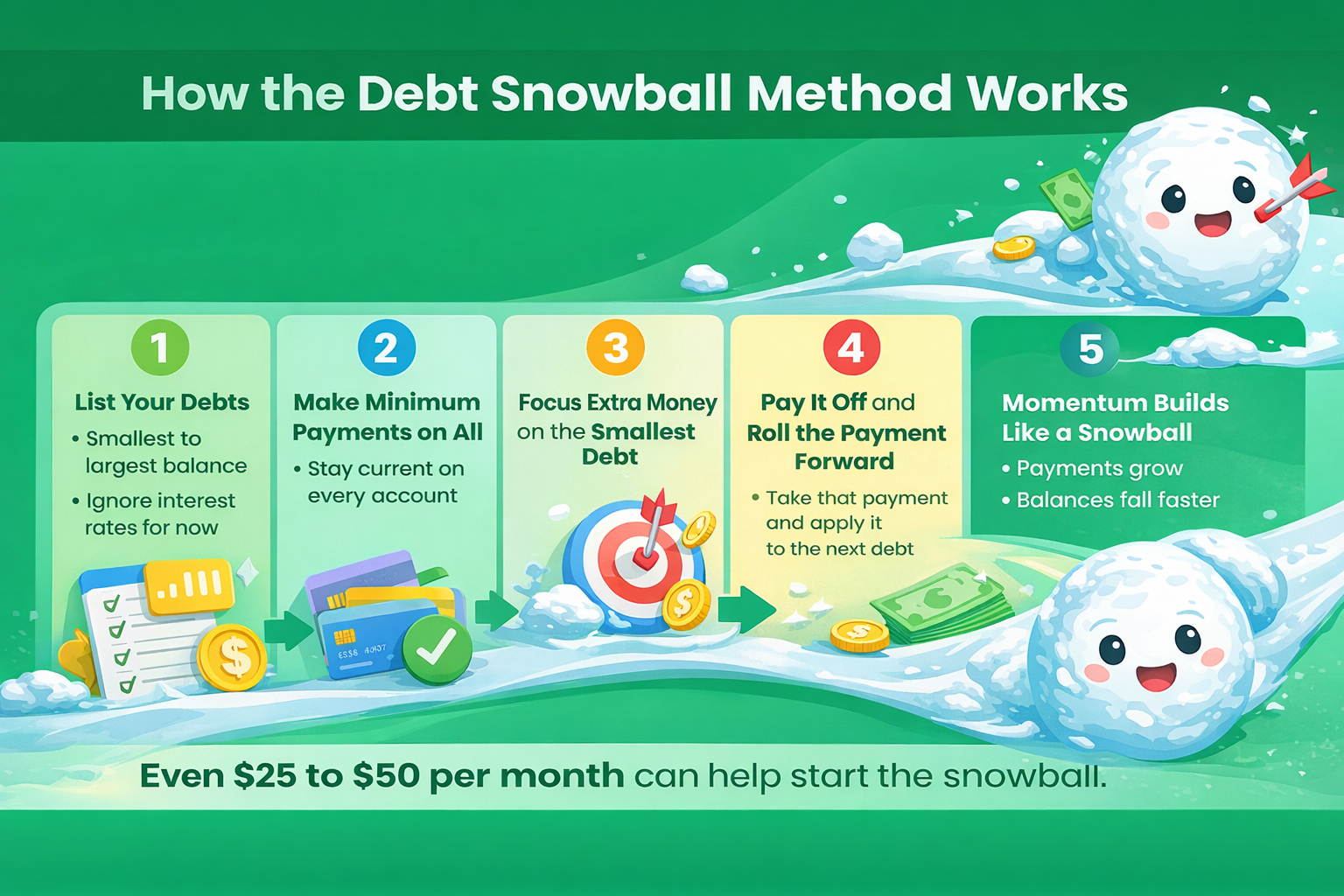Infographic showing how to find extra money in your budget and use the debt snowball method to pay down debt step by step