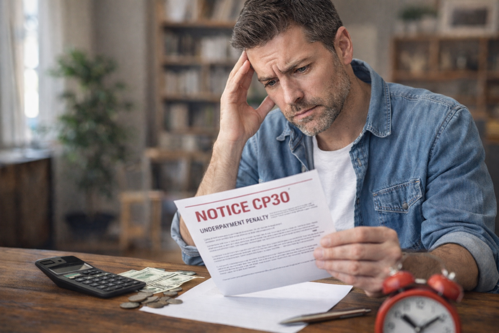Man reviewing a notice CP30 from the IRS about an underpayment penalty at a home desk
