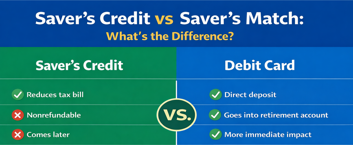 Infographic comparing what is the savers credit vs savers match and how each works