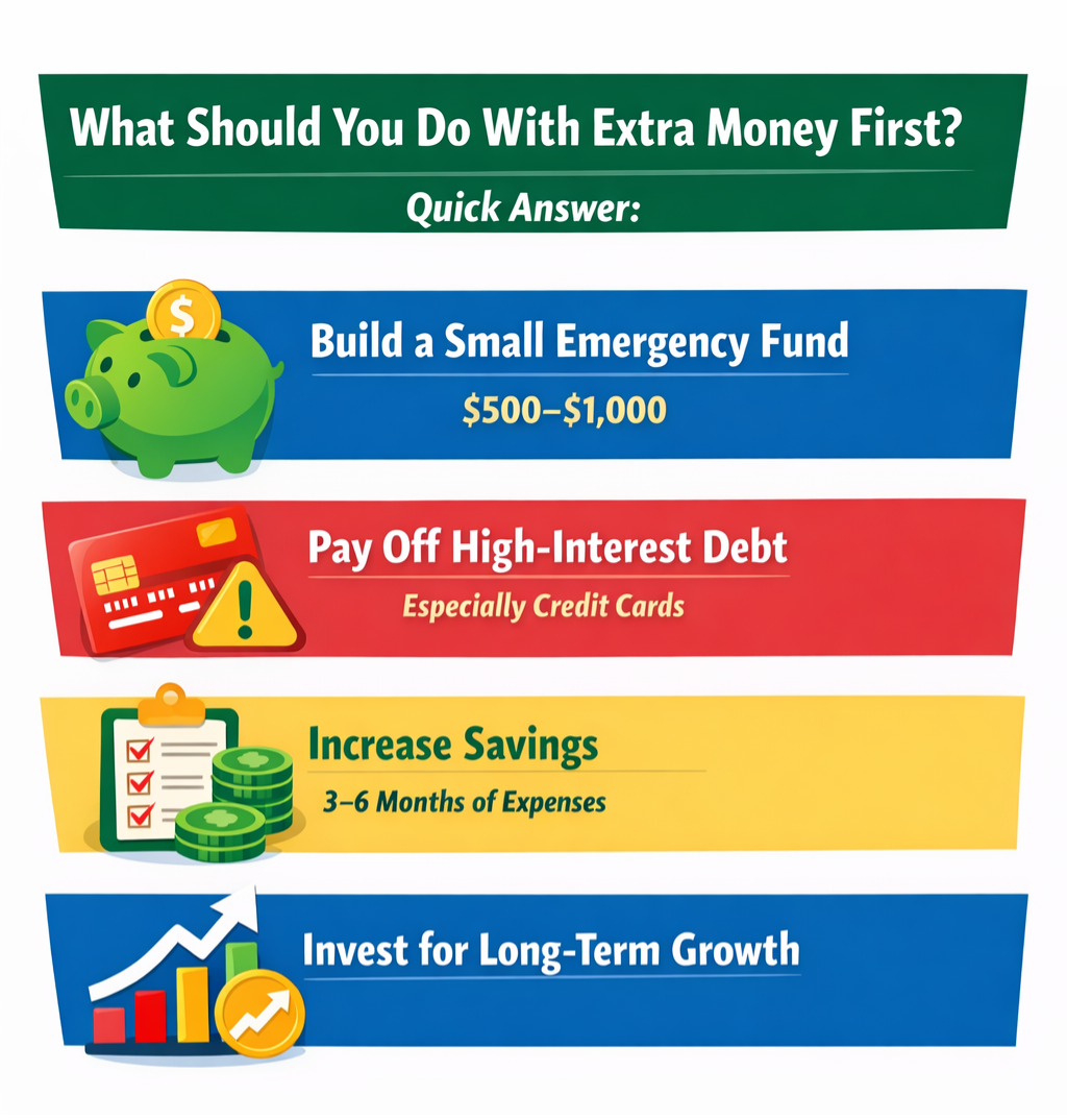 Infographic showing what to do with extra money first, including emergency savings, paying off debt, increasing savings, and investing for long-term growth