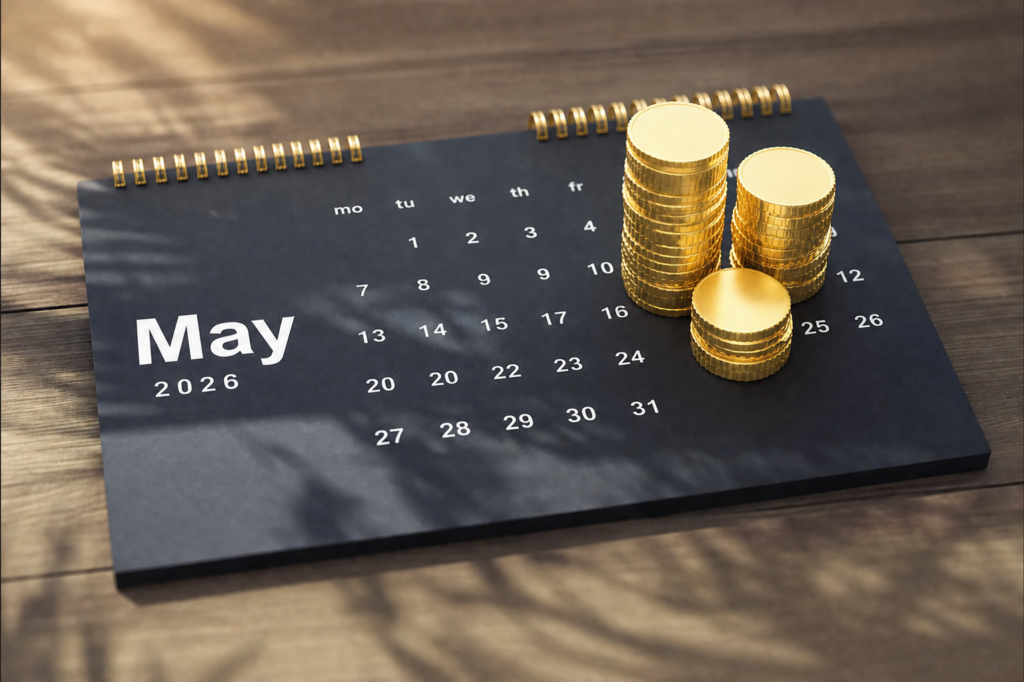 May 2026 desktop calendar with stacked gold coins representing long-term investing and undervalued index fund opportunities