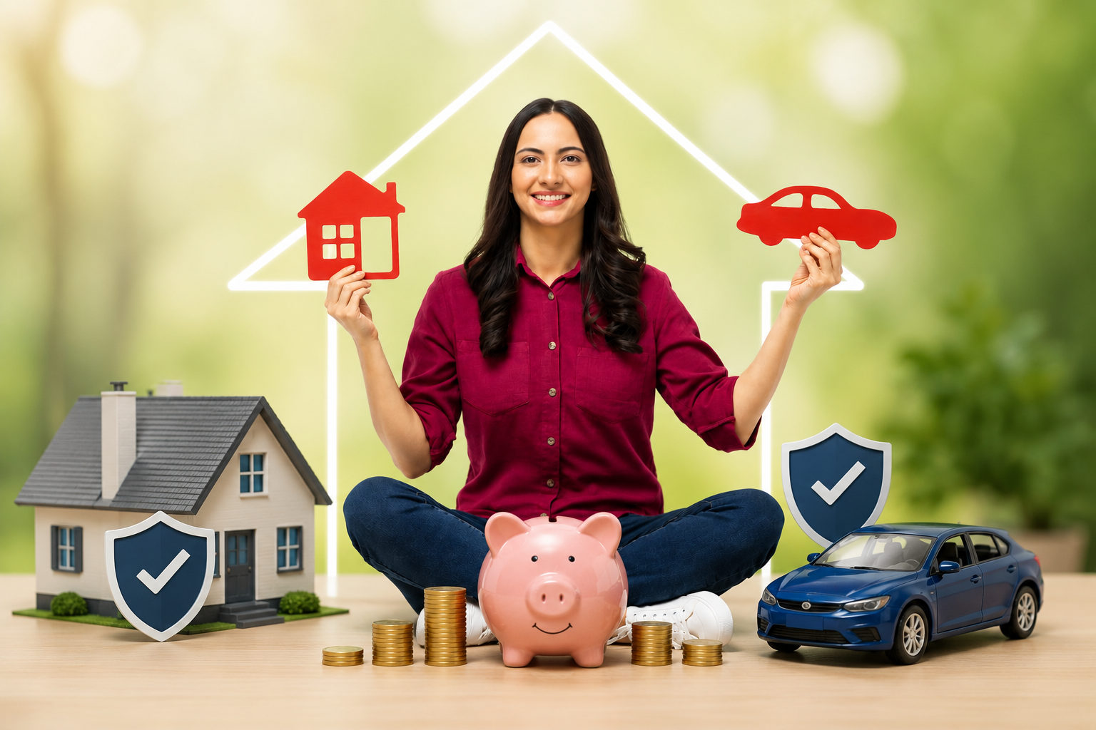 Benefits of Bundling Home and Auto Insurance Woman holding home and car icons representing the benefits of bundling home and auto insurance