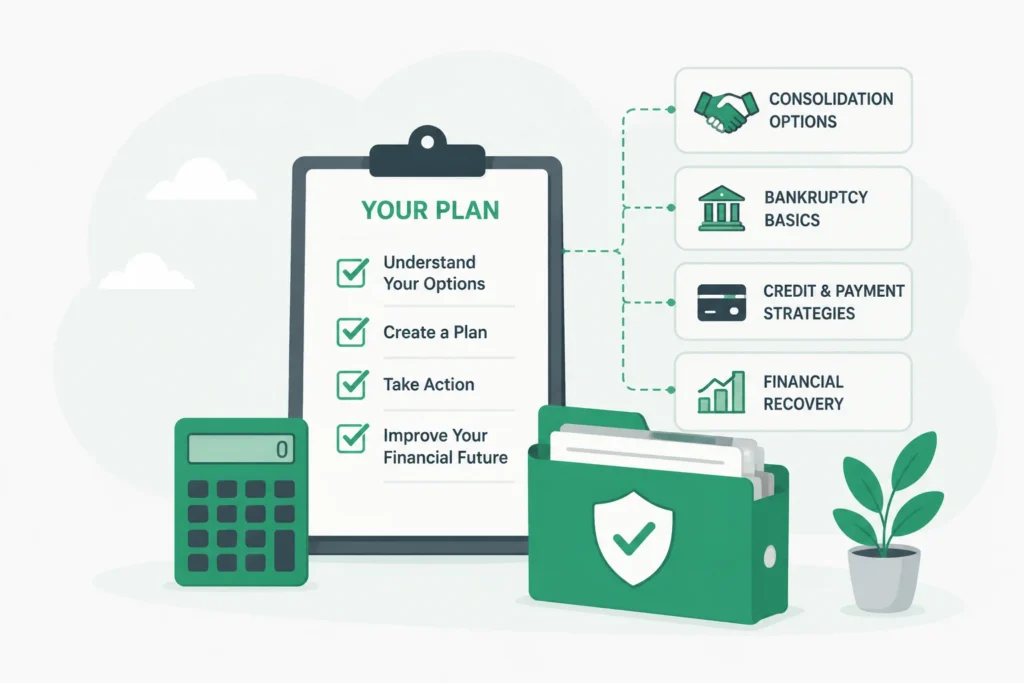 Financial planning and debt management learning center illustration with checklist, calculator, and consolidation strategy icons