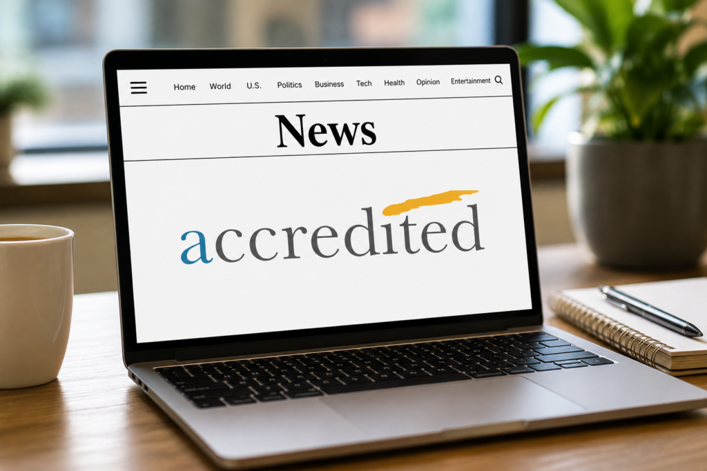 Laptop displaying the Accredited Debt Relief logo as part of a news story about Accredited Debt Relief, including its 2026 industry recognition and national marketing partnership.